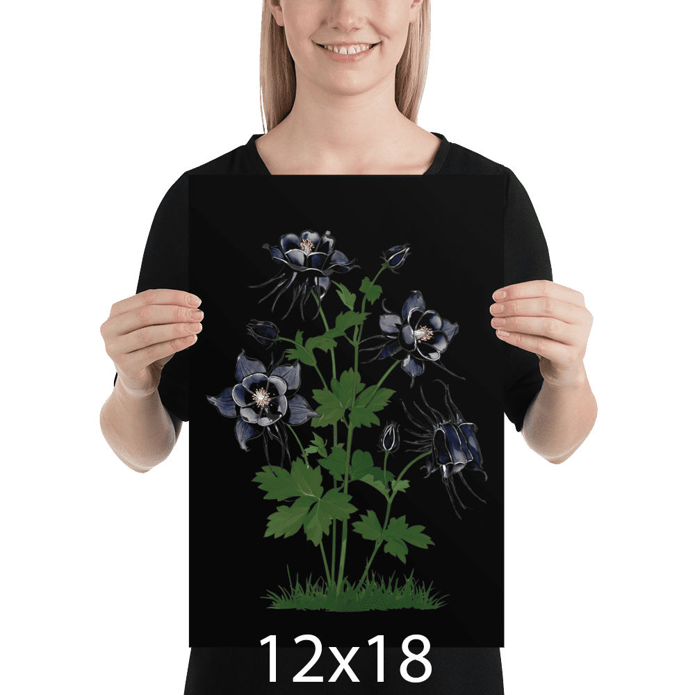 Woman holding a black Midnight Columbine poster — gothic botanical art and dark aesthetic room decor, 12x18