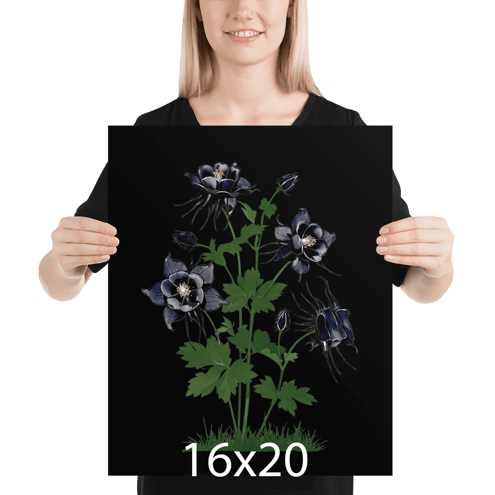 Woman holding a black Midnight Columbine poster — gothic botanical art and dark aesthetic room decor, 16x20