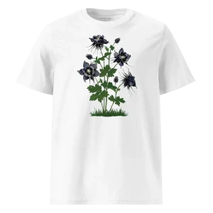 White organic cotton t-shirt with Midnight Columbine print — dark gothic botanical flowers | Feyflora