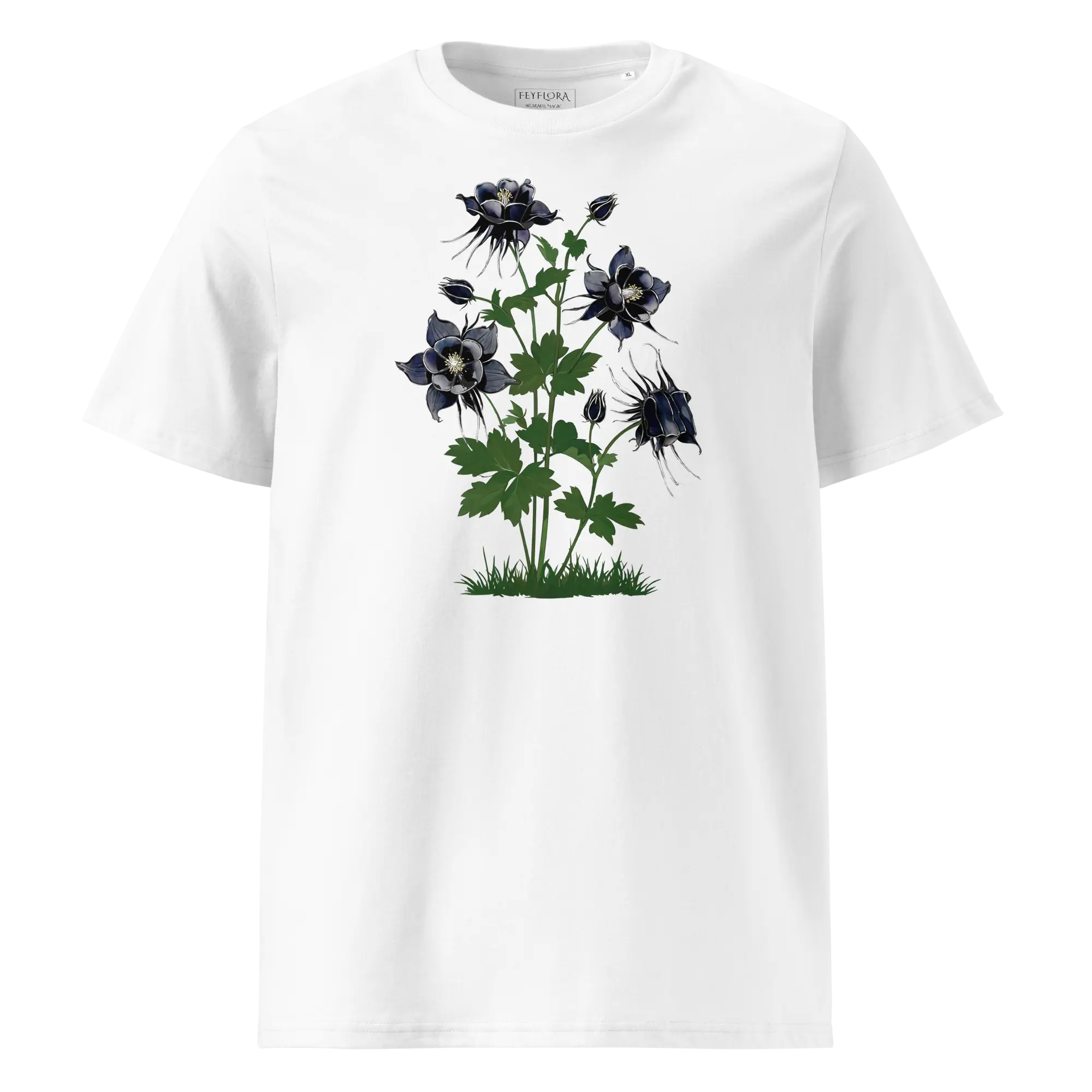 White organic cotton t-shirt with Midnight Columbine print — dark gothic botanical flowers | Feyflora