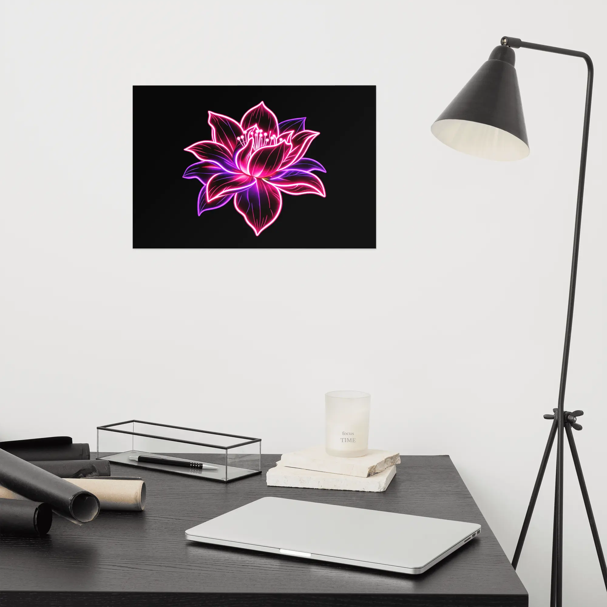 Neon Lotus art print above a workspace desk — cyberpunk floral home office decor