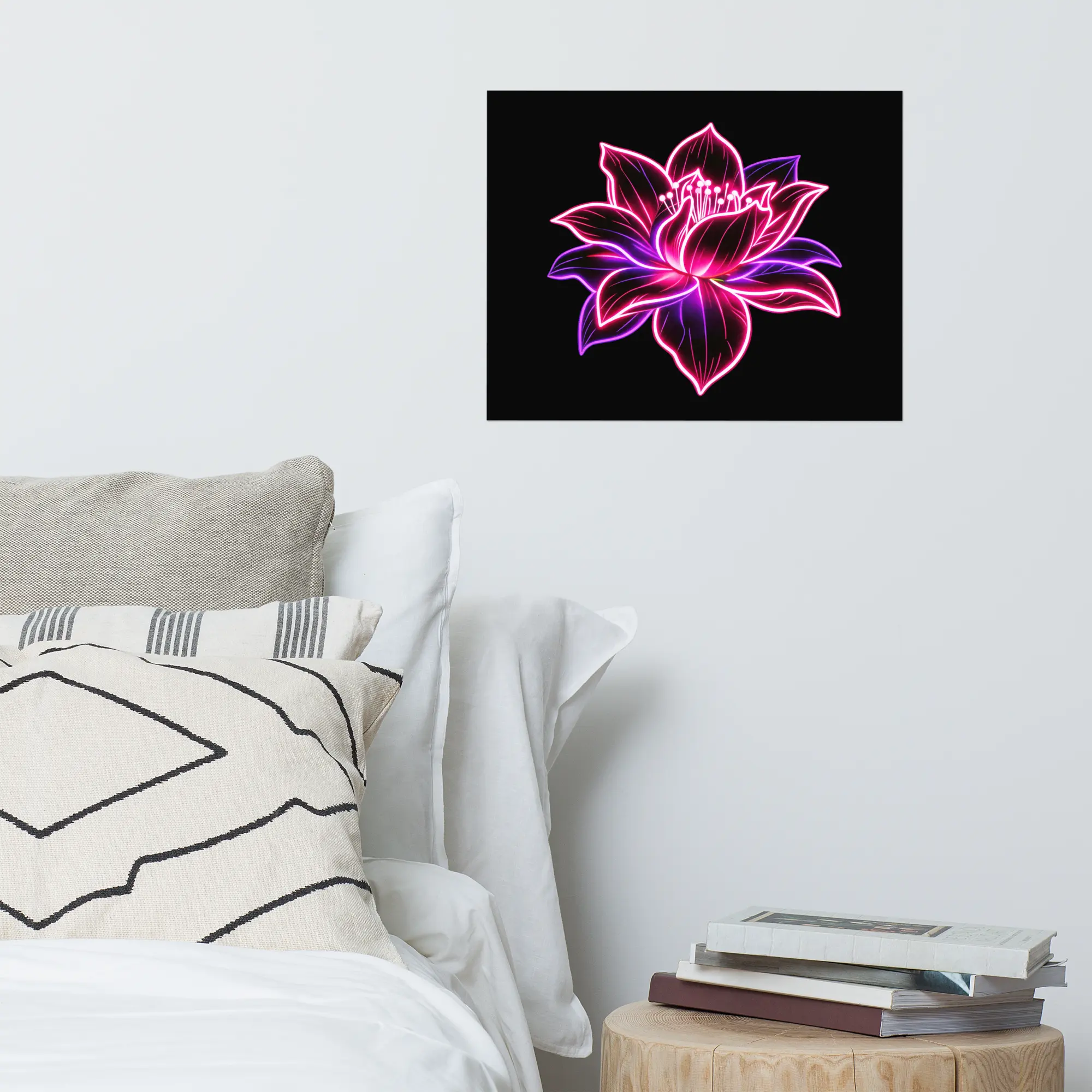Neon Lotus poster hung on a wall next to a bed — fantasy wall art