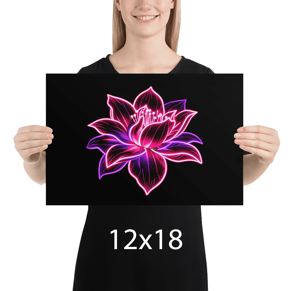 Woman holding a framed Neon Lotus poster — cyberpunk floral art and dark aesthetic room decor, 12x18