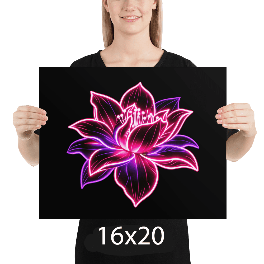 Woman holding a framed Neon Lotus poster — cyberpunk floral art and dark aesthetic room decor, 16x20