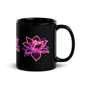Side view of a black Feyflora mug with Neon Lotus cyberpunk floral print
