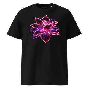 Black organic cotton t-shirt with Neon Lotus print — vivid pink and violet cyberpunk floral art | Feyflora