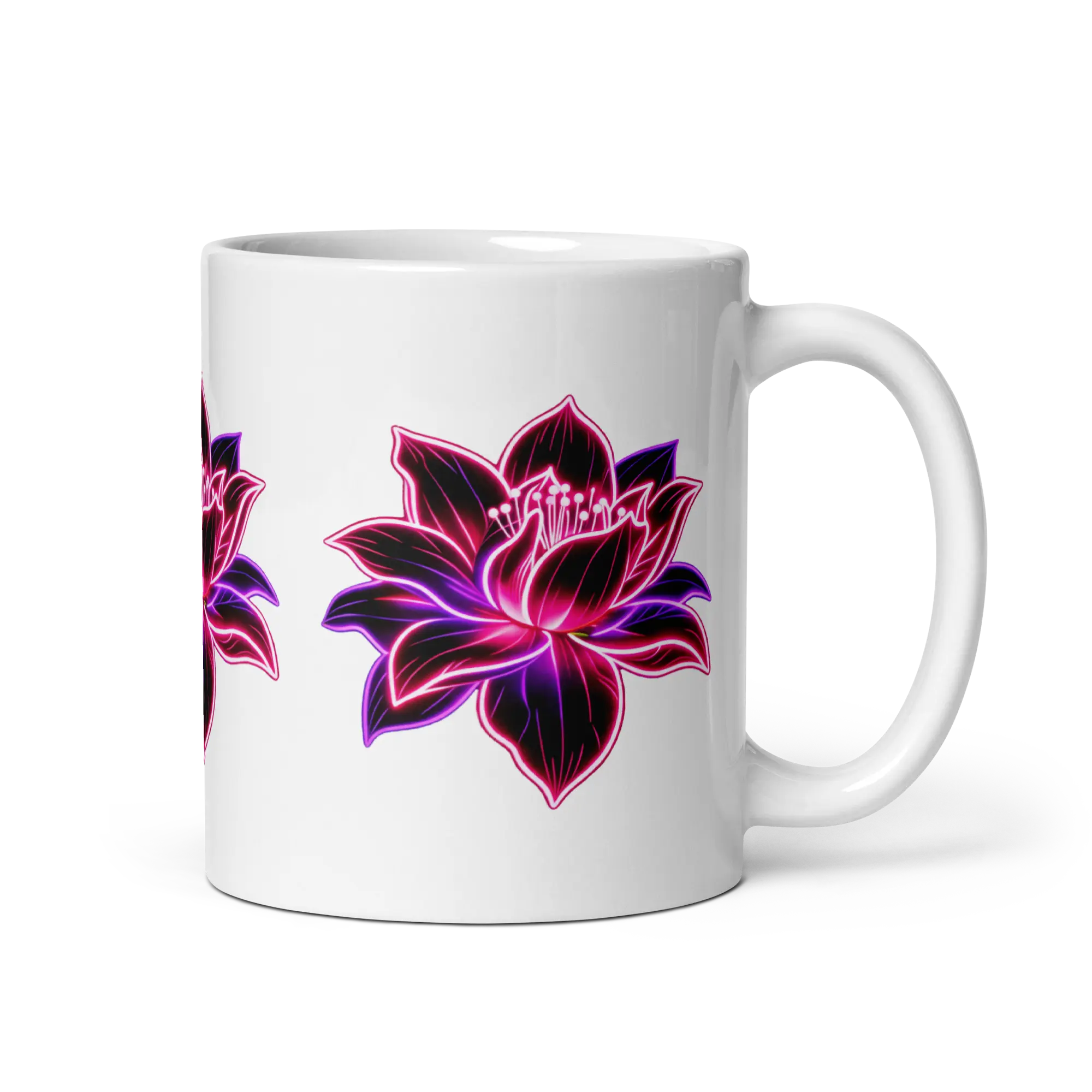 Side view of a white Feyflora mug with Neon Lotus cyberpunk floral print