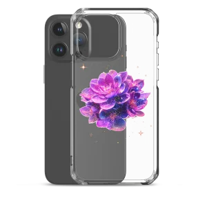 Clear iPhone case with Stardust Lotus print placed next to a phone — slim and protective celestial floral design
