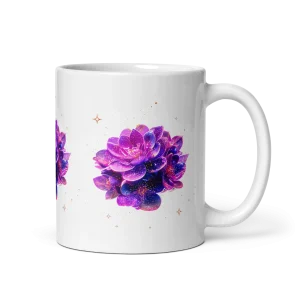 Side view of a white Feyflora mug with Stardust Lotus celestial floral print