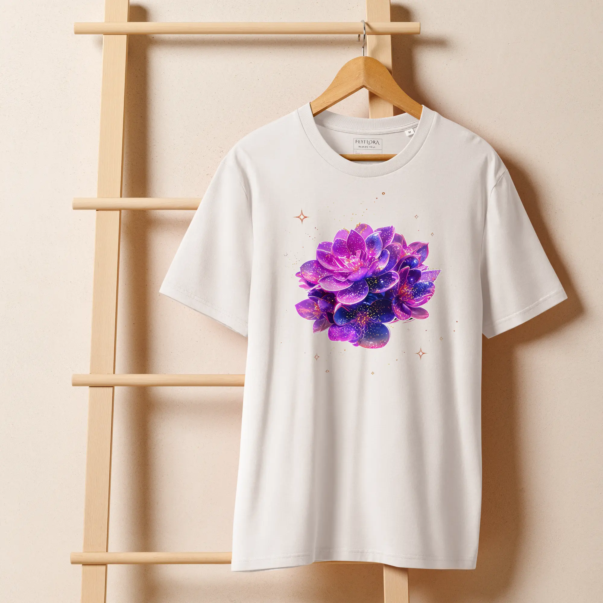 White Stardust Lotus t-shirt hanging on a wooden hanger — celestial fantasy fashion aesthetic